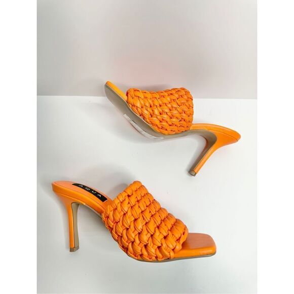 AQUA Woven Sandals Womens Size 7 Orange Slip On High Heel Square Toe NEW - Picture 6 of 11